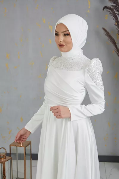 Bersu hijab evening dress white with sequin bead embroidery on the front