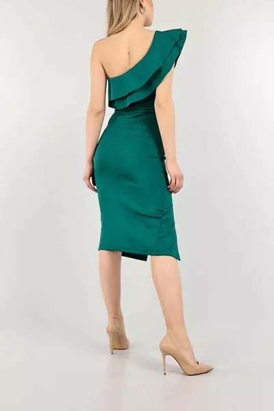 Groene Rekbare Stof Één Schouderruche en de Avondjurk van de Spleetmidilengte en Afstuderende Jurk