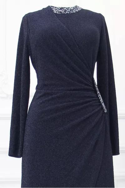 MARINEBLAUWE AVONDJURK MET DETAILS IN STEEN VOOR DAMES T 