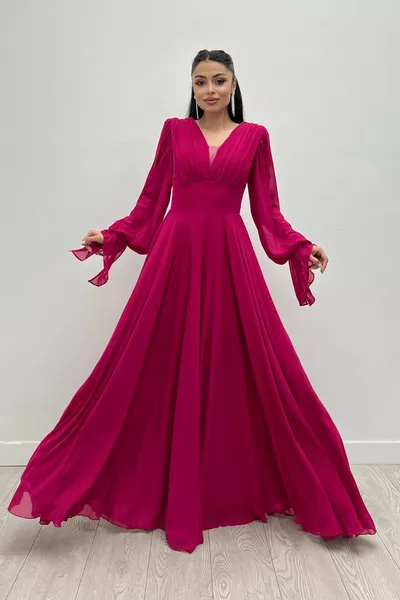 Платье макси из шифоновой ткани с V-образным вырезом и кулиской - FUCHSIA