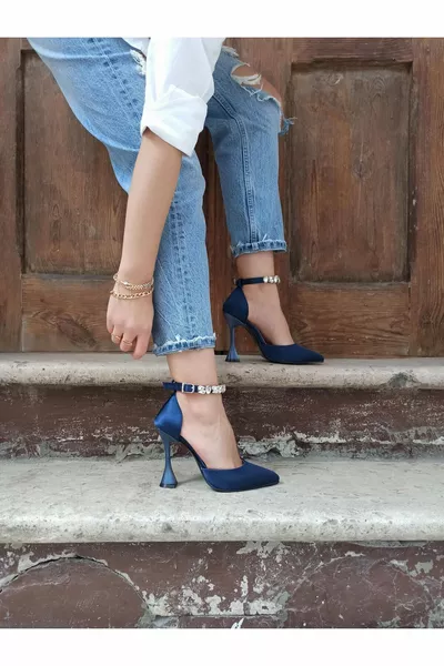 الأزرق الداكن الساتان الكاحل الحجر سم الشمبانيا كعب سوار المرأة الكعب