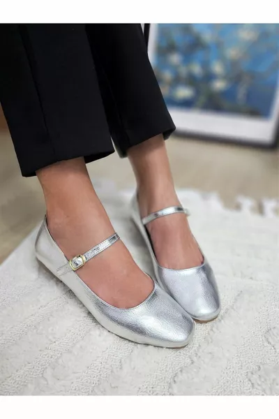 1 каска Сребърен квадратен тъп пръст Мери Джейн балетни плоскости тясна кройка