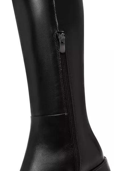 Women's Black Zipper Thick Heels Leather Boots 