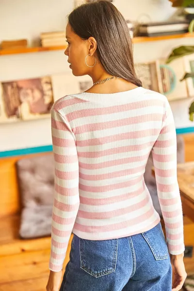 Camicetta da donna in lycra a righe con scollo a U rosa confetto 