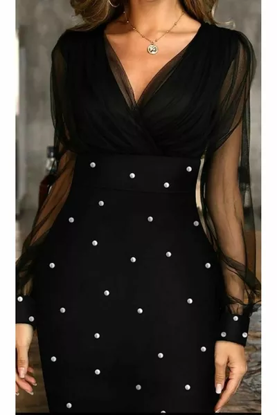 Перлена детайлна миди вечерна рокля - черна