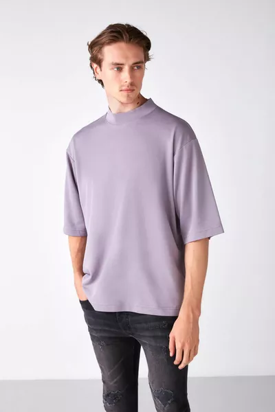Ascolı Men's Oversize Fit Custom High Collar Lilac T-shirt with Thick Textured Fabric