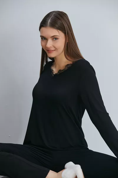 فسكوزي محبوك الدانتيل الخامس الرقبة طويلة الأكمام المرأة بيجاما مجموعة سوداء