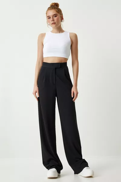 Bequeme Palazzo Hose mit Velcro an der Taille Black 