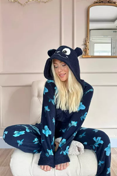 الأزرق الداكن النخيل منقوشة المرأة الصوف أفخم بذلة بيجاما