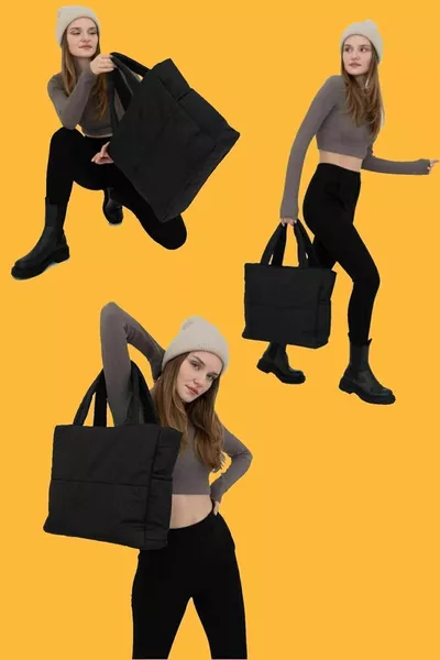 Black Embossed Puff Fabric Shopper Bag Napoli Black