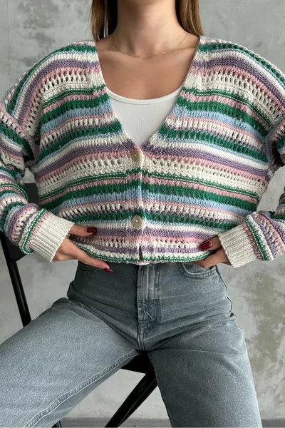 Женский многоцветный кардиган с 3 пуговицами и сезонным кремовым кардиганом