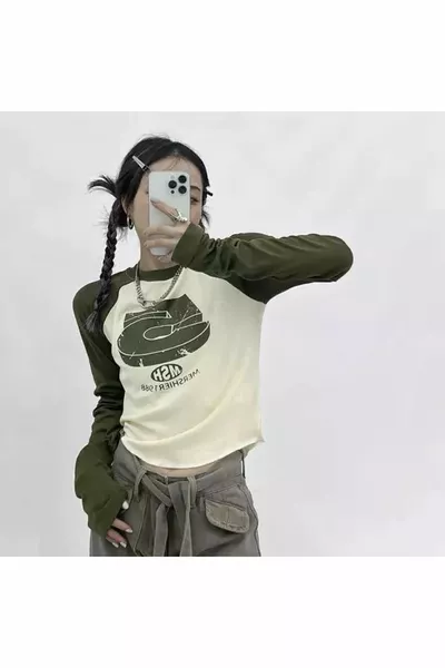 Khaki Retro 5 Printed Long Sleeve Crop