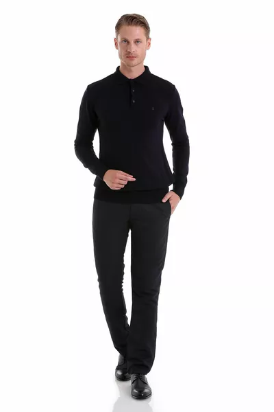 Navy Blue Regular Fit Straight Polo Neck Knit Sweater