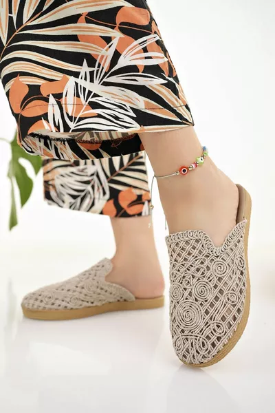 Pantofole di paglia da donna Beige Frontale chiuso Maglia di pizzo Maglieria Ricamo dettagliato Elegante casa estiva spiaggia vacanze pantofole