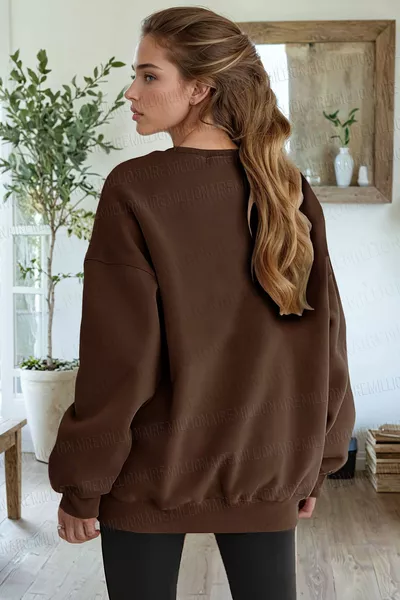 المرأة براون الأساسية 0 صفر طوق غير مطبوعة عادي كبير الحجم رث فضفاض صالح الصوف قميص من النوع الثقيل