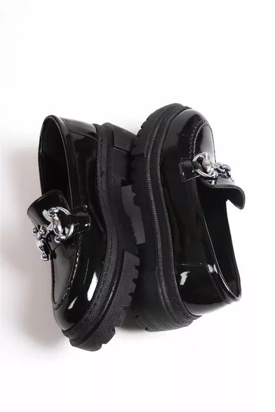 Oval Toe Metal Buckle Trak Sole Women's Patent Leather Black Loafer