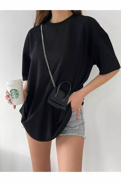 Unisex Cotton Black Crew Neck Oversize Boyfriend T-shirt