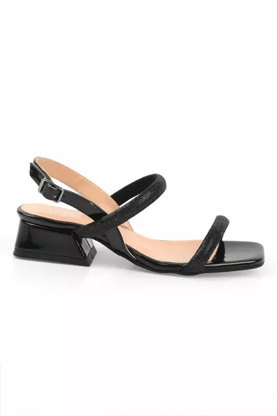 Blunt Toe Stone Double Thick Strap Short Heel Damensandalen aus Lackleder mit kurzem Absatz