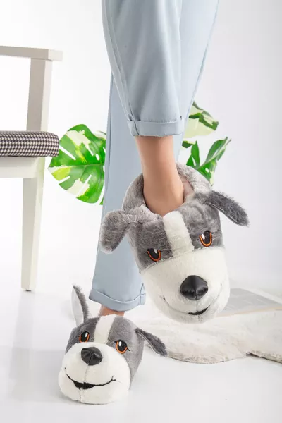 Kadın Gri Günlük Köpek Figürlü Sessiz Taban Peluş Ev Botu Kaydırmaz Kışlık Hafif Sevimli Panduf