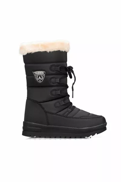 Women's Black Thermal Fur Winter Snowboat Shoes 
