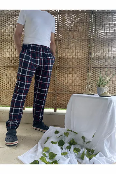 Men's % Cotton Checkered Pajama Bottoms with Elasticated Pockets Plus Size Navy Blue
