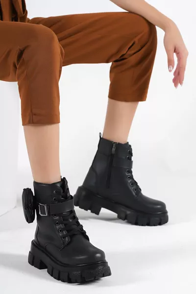 Women's Black Leather Wallet Pocket Waterproof Zippered Postal Boots 