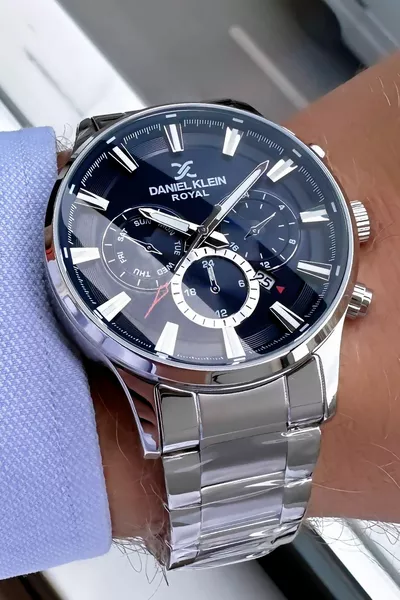 ساعة اليد الملكية للرجال 3 أجهزة الصراف الآلي للماء اللون الفضي الصلب الفرقة سوار الحجر الطبيعي 