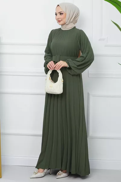 Belted Pleated Aerobin Dress Khaki 