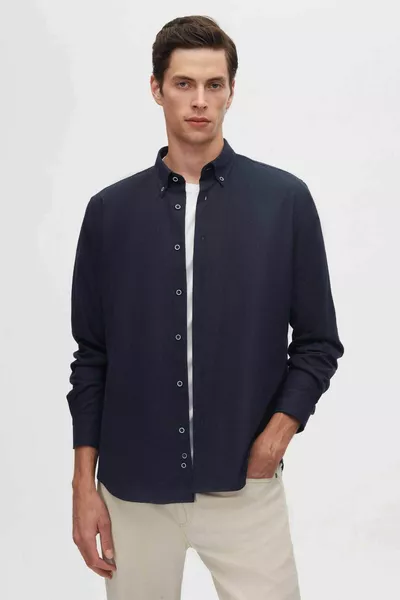 Regular Fit Marineblaues Unifarbenes Winterhemd