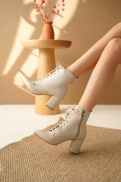 أحذية نسائية بكعب عال من الدانتيل - جلد الجلد