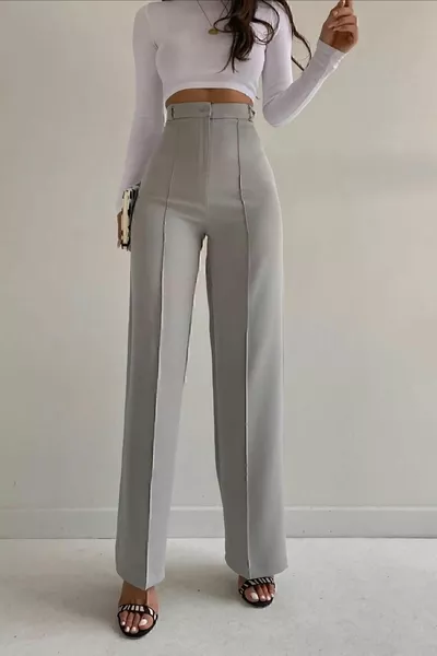 رمادي عالية الخصر الضلع خياطة جمع Palazzo السراويل النسائية
