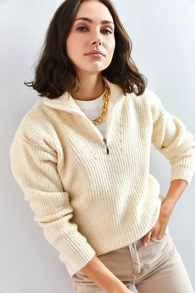 Oversize-Strickpullover mit Rollkragenpullover mit Reißverschluss für Damen