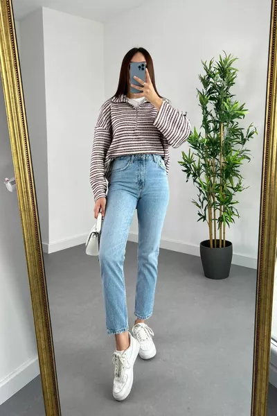 Mona Blue Snow wash Mom Jeans Femmes Boyfriend High Waist Lycra Jeans