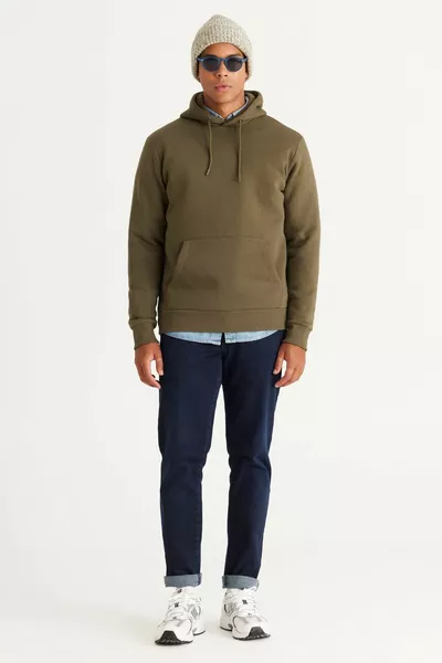 Kaki standaard fit normale fleece aan de binnenkant van fleece 3-draads kangoeroekatoenen sweatshirt met capuchon en zakken voor heren