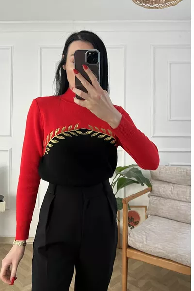 Schwarz Rot Gold Stickerei Detaillierte Strickwaren