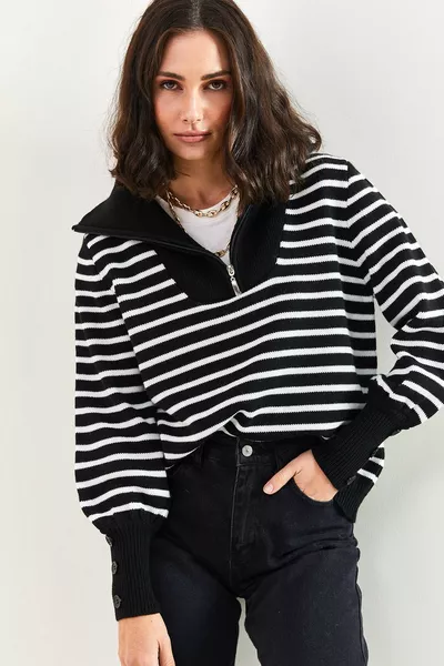 Damen Rollkragenpullover mit Reißverschluss Ärmel Knopfmuster