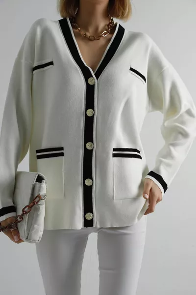 بيج ذهبي زر شريط مفصل كبير الحجم تريكو كارديجان