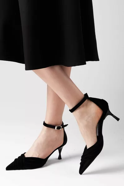 Dina Black Color Кадифена тъкан Дамски токчета