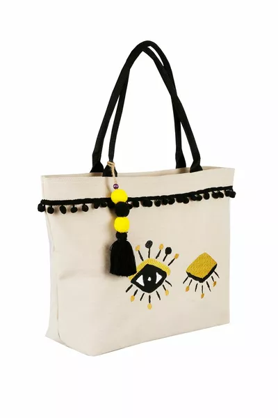 قماش Ecru العين المطرزة تصميم حقيبة الشاطئ مع جيوب بسحاب