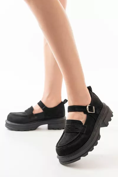 Schwarze Wildleder Damen Casual High Sole Loafer Schuhe