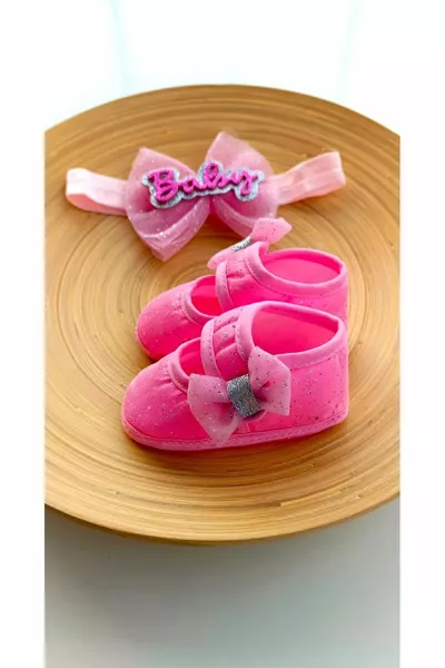 Baby Girl Pink Glitter Bow Baby Booties and Bandana Set
