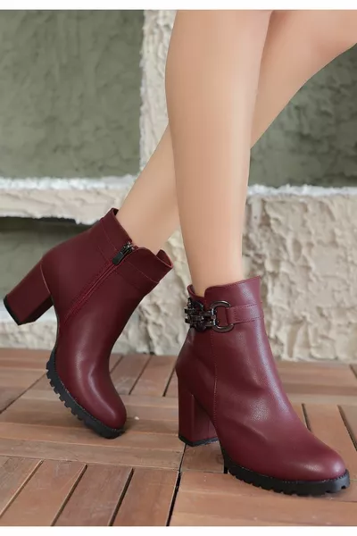 Bordo Fermuarlı Kadın Bot