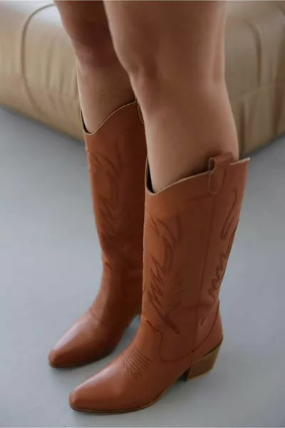 المرأة الغربية رعاة البقر مطرزة الأحذية ذات الكعب تان