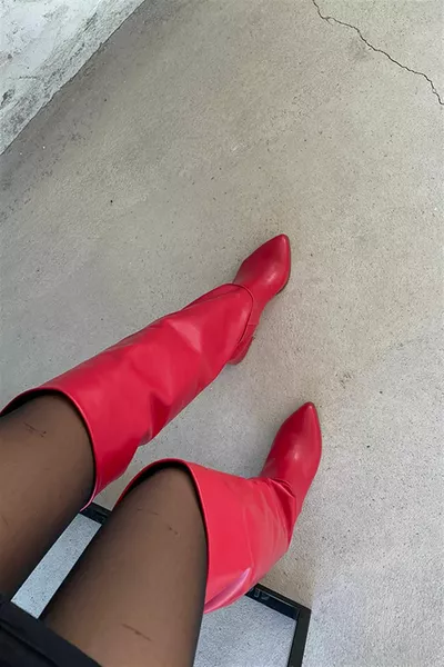 مولي الأحمر ماتي الركبة الكعب أحذية نسائية