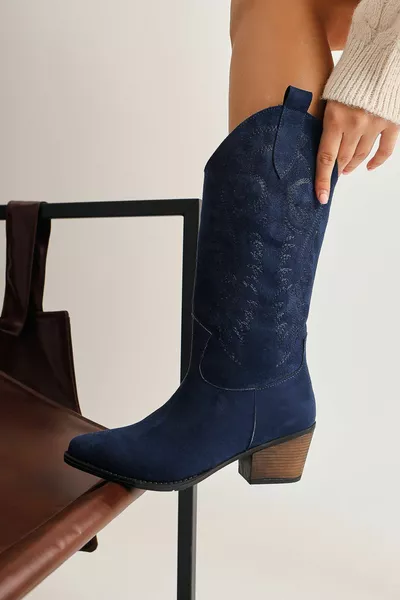 جيرمين الأزرق الداكن من جلد الغزال مطرزة أحذية رعاة البقر