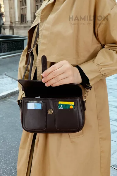 Кожена чанта за рамо с подплата с оригинален дамски държач за картички Тъмнокафява кръстосана регулируема каишка