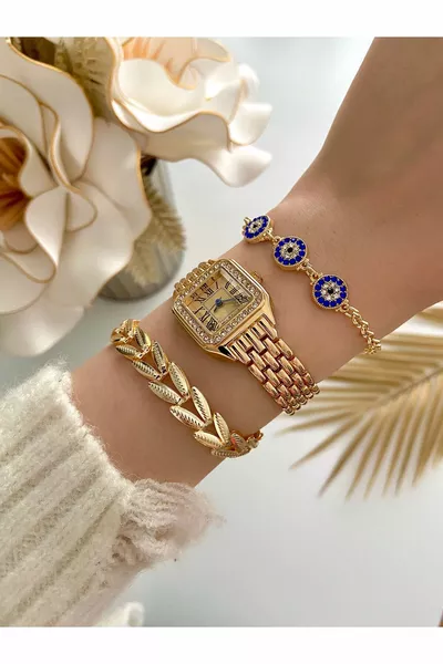 Damenarmbanduhr Quadratisches Metallarmband Gold Gelb Farbe & Mit Armbändern an der Seite