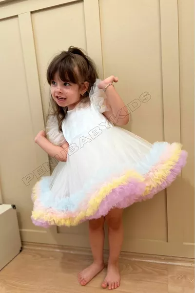 Бяла карнавална цветна рокля за момиченце с къс ръкав - Алиса