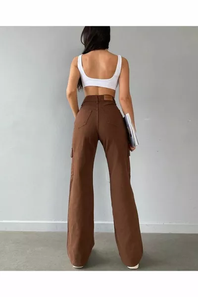 Jeans met hoge taille met cargozak Bruine jeans met cargozak