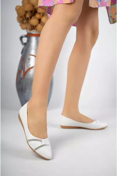 أبيض نسائي حجري عارضة كبيرة الحجم باليه مسطح - أبيض - 